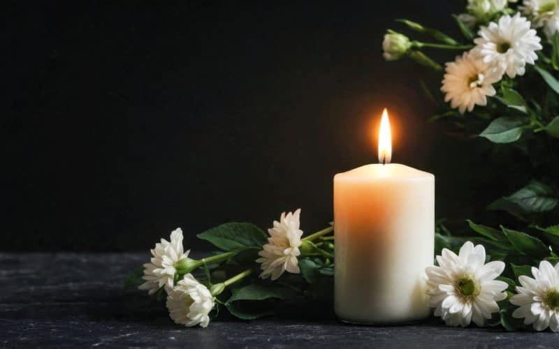 Burning,Candlelight,And,White,Flowers,Tribute,Condolence,Memorial,Service,Announcement.