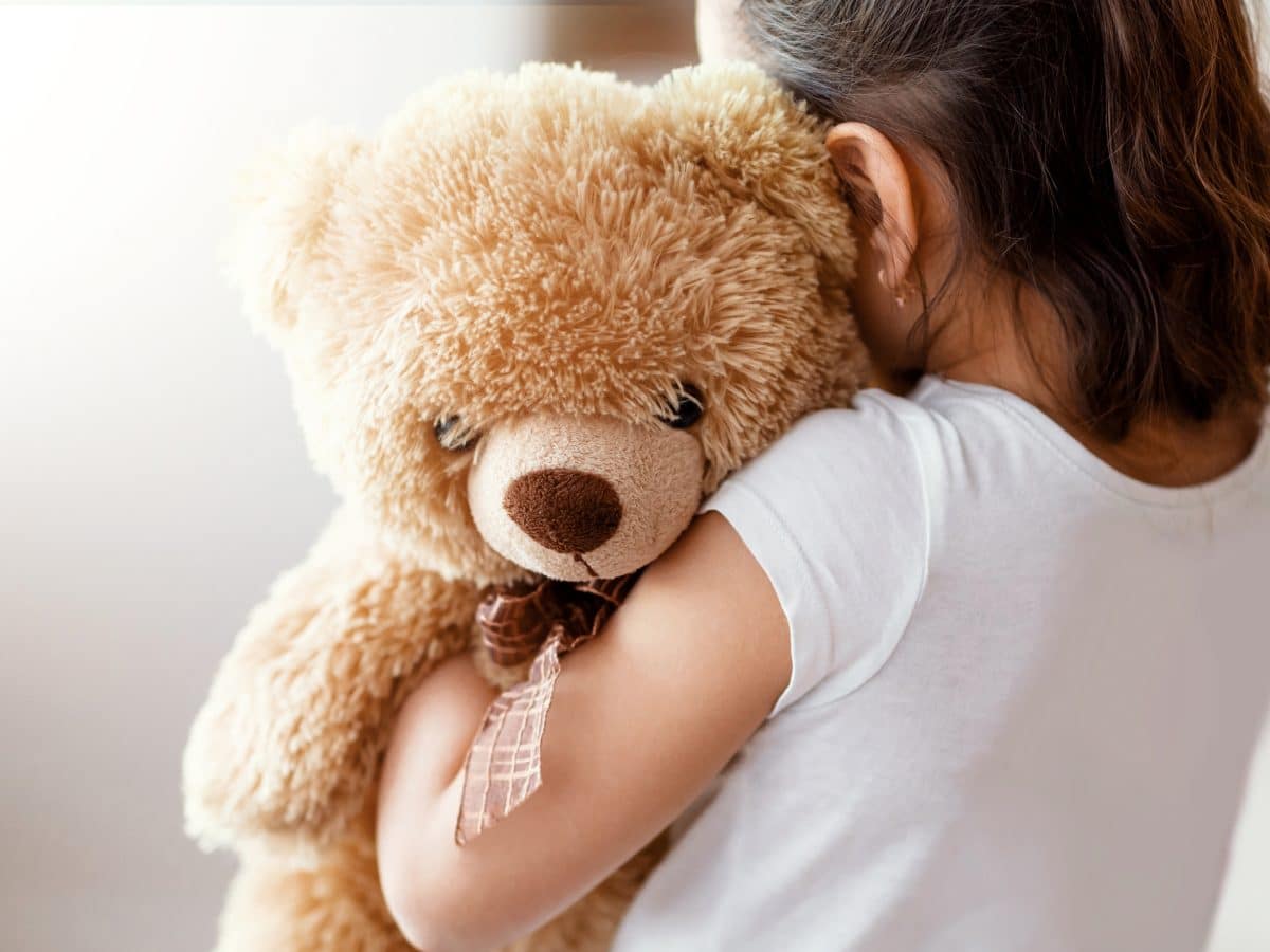 Unrecognizable,Kid,Girl,Embracing,Teddy,Bear,Toy,Standing,Alone,Near